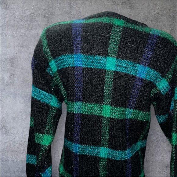 Vintage TJW By Mervyns Black & Green Plaid Knit Cardigan Sweater Size Large Pock - Picture 12 of 16